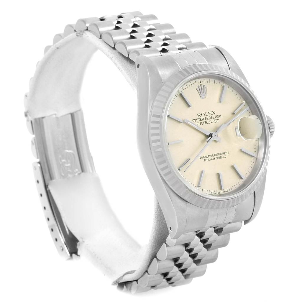 The Rolex Datejust 16234 Men's Stainless Steel Silver Dial 16234 Men's Stainless Steel Silver Dial watch is shown from a three-quarter angle, displaying the face, bezel, and bracelet.