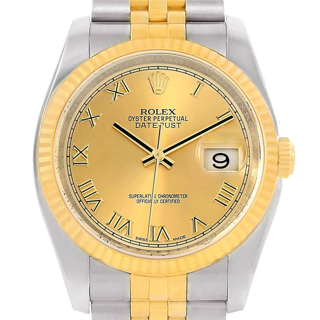 This image shows a close-up front view of a Rolex Datejust 116233 Men's Stainless Steel Champagne Dial 116233 Men's Stainless Steel Champagne Dial watch, highlighting the dial, bezel, and part of the bracelet.