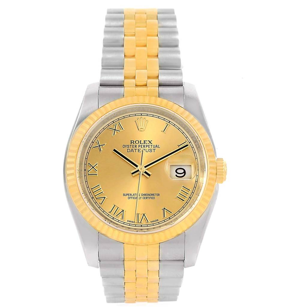 This image shows a front view of a Rolex Datejust 116233 Men's Stainless Steel Champagne Dial 116233 Men's Stainless Steel Champagne Dial watch, featuring a gold dial, Roman numerals, and a two-tone metal bracelet.
