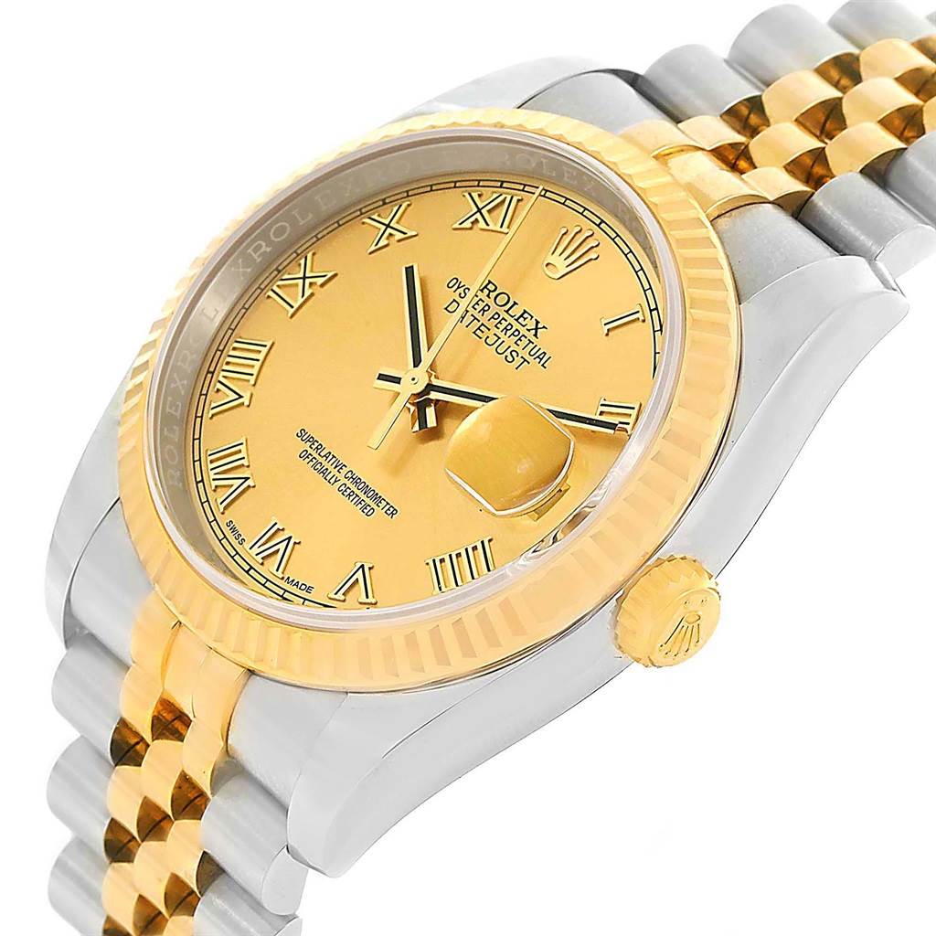 The image shows a close-up angle of the Rolex Datejust 116233 Men's Stainless Steel Champagne Dial 116233 Men's Stainless Steel Champagne Dial watch, highlighting its dial, bezel, crown, and part of the bracelet.