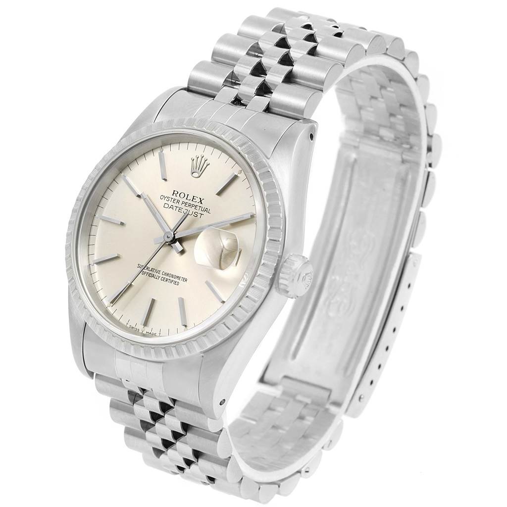 This image shows a Rolex Datejust 16220 Men
s Stainless Steel Silver Dial 16220 Men
s Stainless Steel Silver Dial watch at an angled view, highlighting the face, bezel, crown, and bracelet.