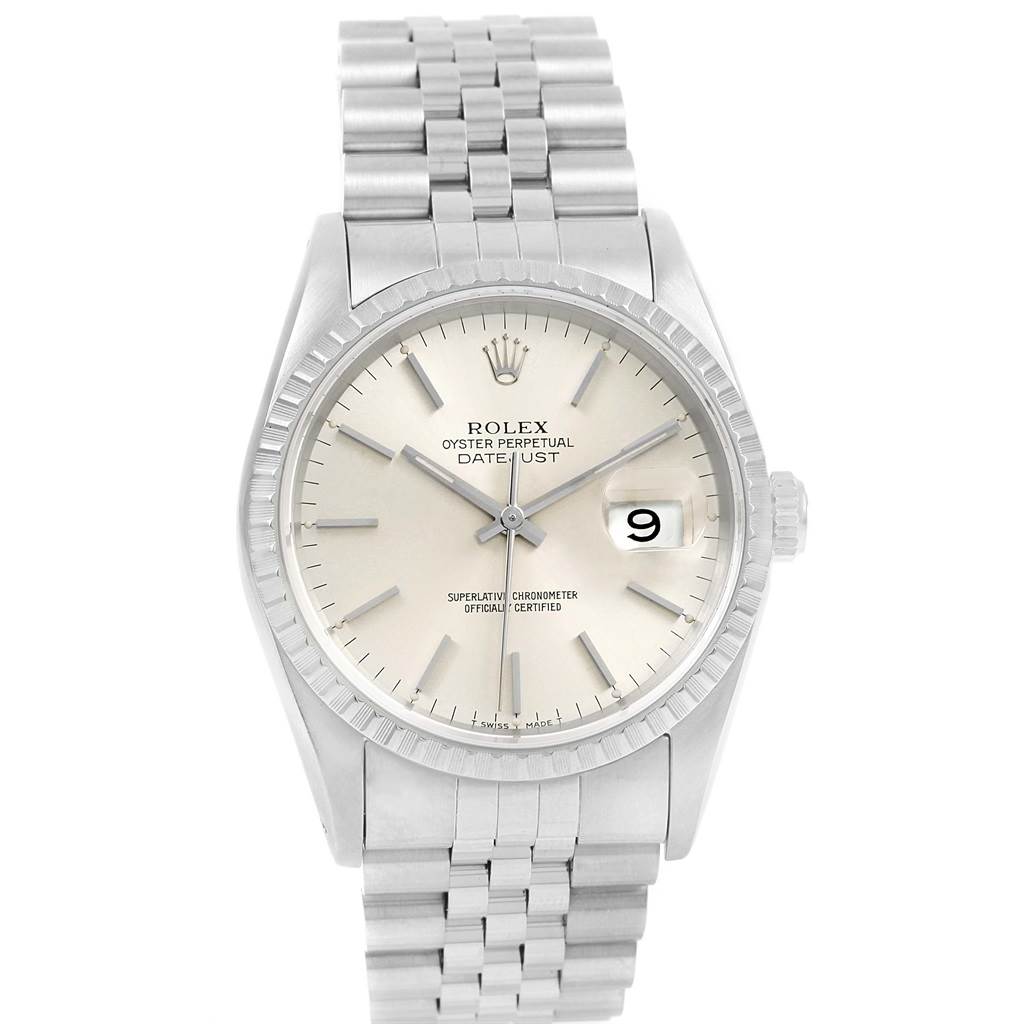 The image shows a front view of a Rolex Datejust 16220 Men
s Stainless Steel Silver Dial 16220 Men
s Stainless Steel Silver Dial watch, displaying its dial, hands, date window, and metal bracelet.