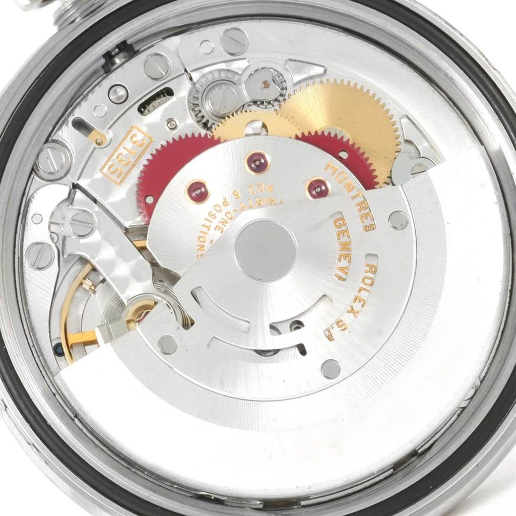 The image shows the internal mechanical components of a Rolex Datejust 16234 Men's Stainless Steel White Dial 16234 Men's Stainless Steel White Dial watch, viewed from the back case without the cover.