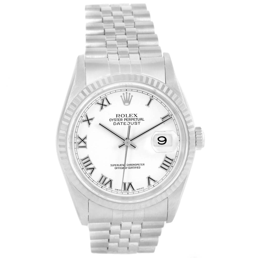 This image shows a front view of the Rolex Datejust 16234 Men's Stainless Steel White Dial 16234 Men's Stainless Steel White Dial, highlighting the dial, bracelet, and date window.