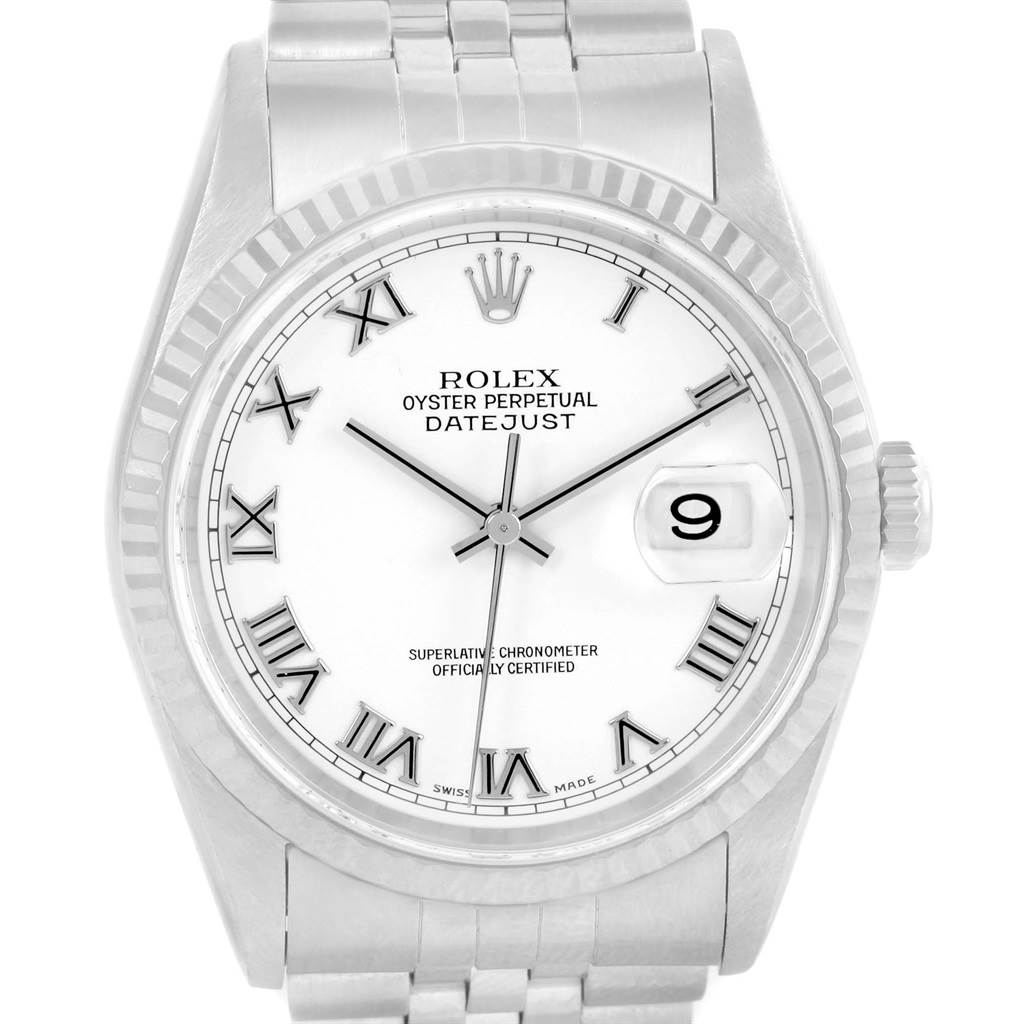 This image shows a front view of the Rolex Datejust 16234 Men's Stainless Steel White Dial 16234 Men's Stainless Steel White Dial watch, highlighting the dial, hands, bezel, and bracelet.