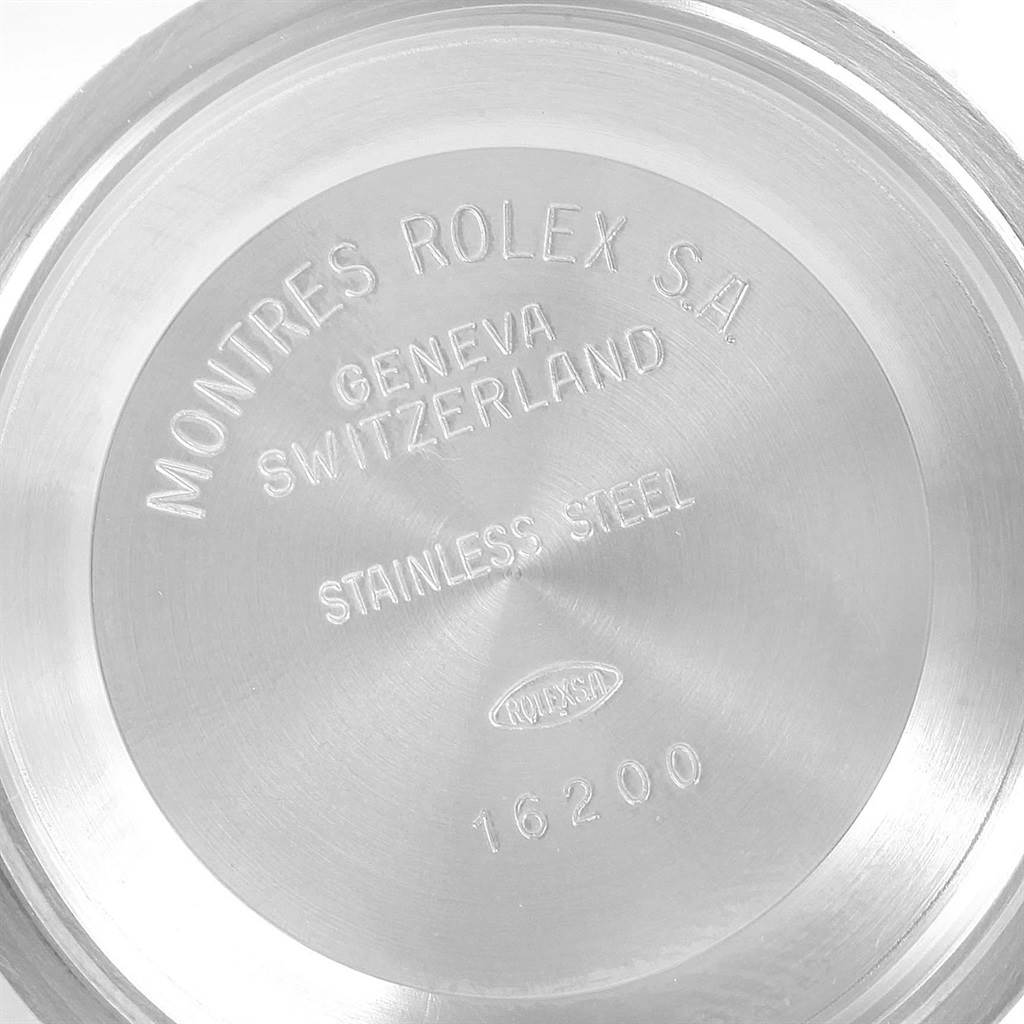 This image shows the case back of a Rolex Datejust 16234 Men's Stainless Steel Silver Dial 16234 Men's Stainless Steel Silver Dial model, engraved with its specifications and origin.