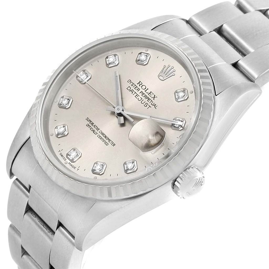 The image shows a close-up angled view of the Rolex Datejust 16234 Men's Stainless Steel Silver Dial 16234 Men's Stainless Steel Silver Dial watch, highlighting the dial, bezel, and part of the bracelet.