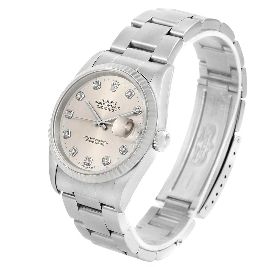 The Rolex Datejust 16234 Men's Stainless Steel Silver Dial 16234 Men's Stainless Steel Silver Dial watch is shown at a slight angle, highlighting the face, bezel, bracelet, and partially open clasp.