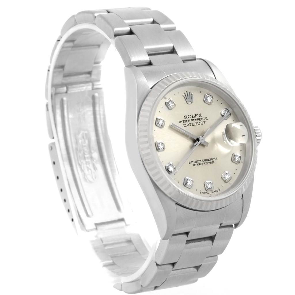 The image shows a Rolex Datejust 16234 Men's Stainless Steel Silver Dial 16234 Men's Stainless Steel Silver Dial watch at a three-quarter angle, displaying its dial, bracelet, and partially open clasp.