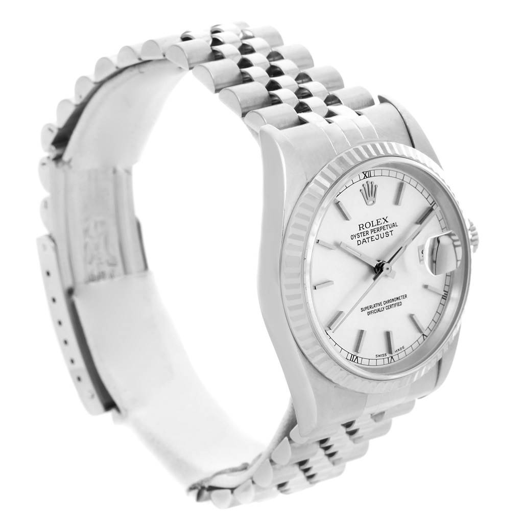 The image shows a side-angle view of the Rolex Datejust 16234 Men's Stainless Steel Silver Dial 16234 Men's Stainless Steel Silver Dial watch, displaying the face, bezel, and bracelet.