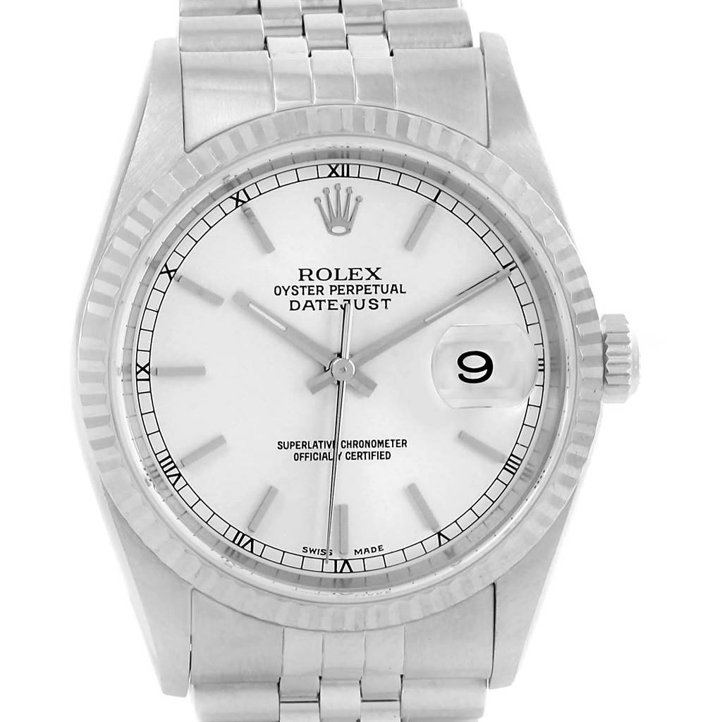 This image shows a front view of a Rolex Datejust 16234 Men's Stainless Steel Silver Dial 16234 Men's Stainless Steel Silver Dial watch, highlighting its dial, bezel, and bracelet.