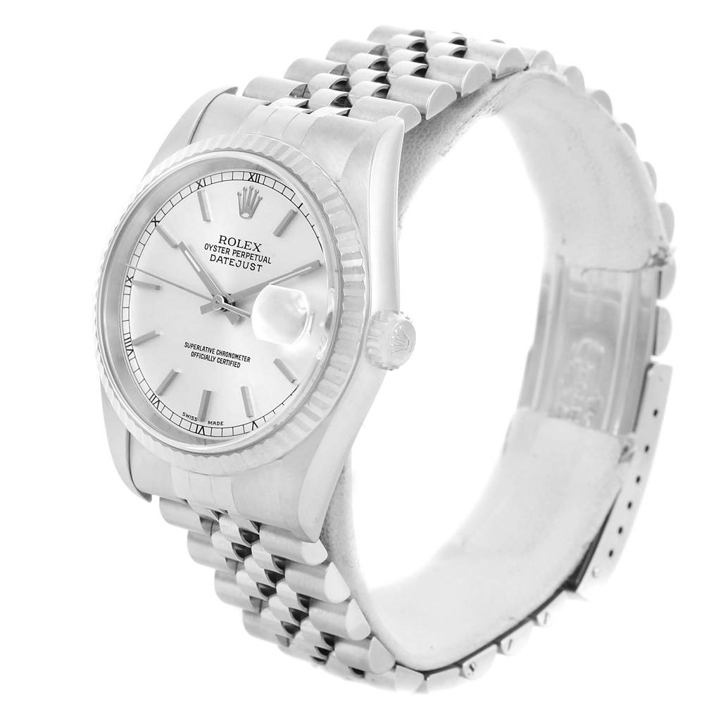 The image shows a Rolex Datejust 16234 Men's Stainless Steel Silver Dial 16234 Men's Stainless Steel Silver Dial watch at a three-quarter angle, highlighting the dial, bezel, case, crown, and bracelet.