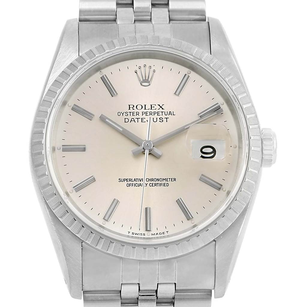 This image shows a front view of a Rolex Datejust 16220 Men's Stainless Steel Silver Dial 16220 Men's Stainless Steel Silver Dial watch, highlighting its face, bezel, crown, and part of the bracelet.