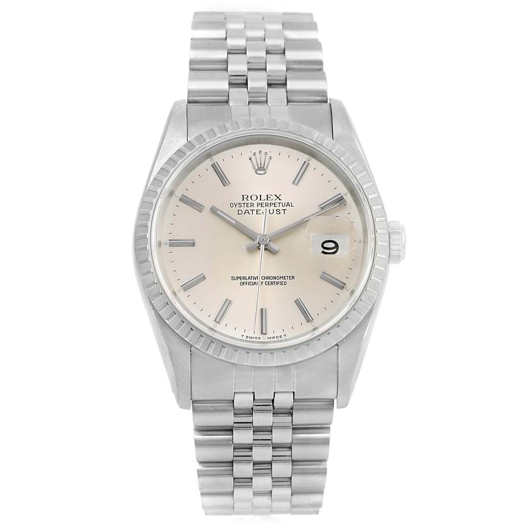 The image shows a front view of a Rolex Datejust 16220 Men's Stainless Steel Silver Dial 16220 Men's Stainless Steel Silver Dial watch, displaying the dial and bracelet.