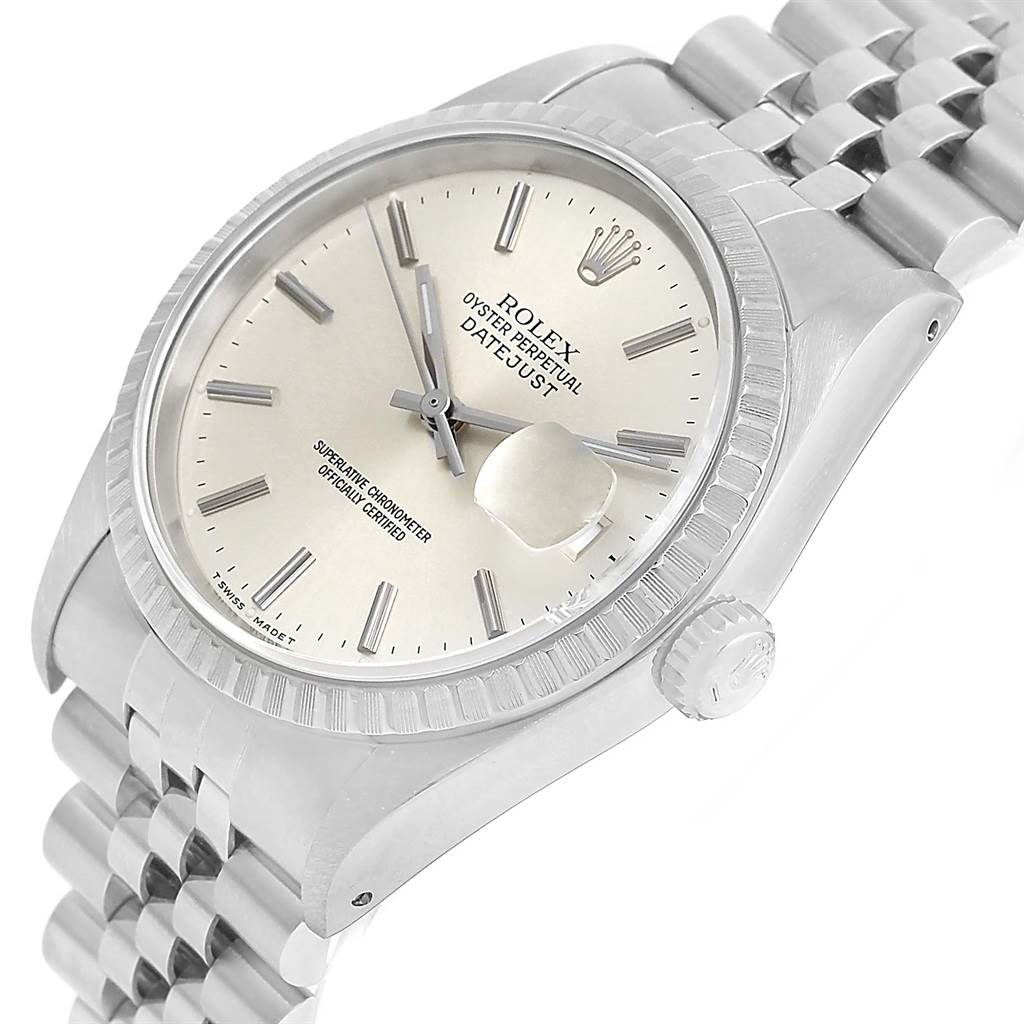 This image shows a close-up, angled view of the Rolex Datejust 16220 Men's Stainless Steel Silver Dial 16220 Men's Stainless Steel Silver Dial watch, highlighting the dial, bezel, crown, and bracelet.