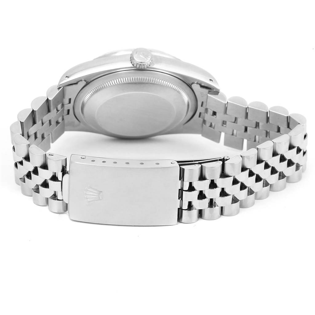 This image shows the back of the Rolex Datejust 16220 Men's Stainless Steel Silver Dial 16220 Men's Stainless Steel Silver Dial watch, featuring the case and the Jubilee bracelet with the clasp.