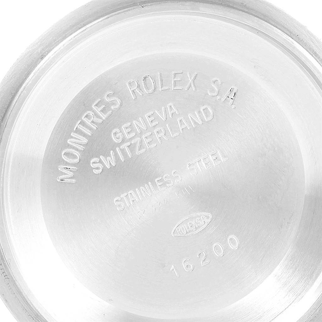 This is the inner case back of a Rolex Datejust 16234 Men's Stainless Steel Silver Dial 16234 Men's Stainless Steel Silver Dial watch, showing branding and model number 16200.