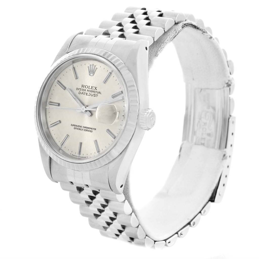 The image shows a Rolex Datejust 16234 Men's Stainless Steel Silver Dial 16234 Men's Stainless Steel Silver Dial watch at a three-quarter angle, highlighting the dial, bezel, and bracelet.