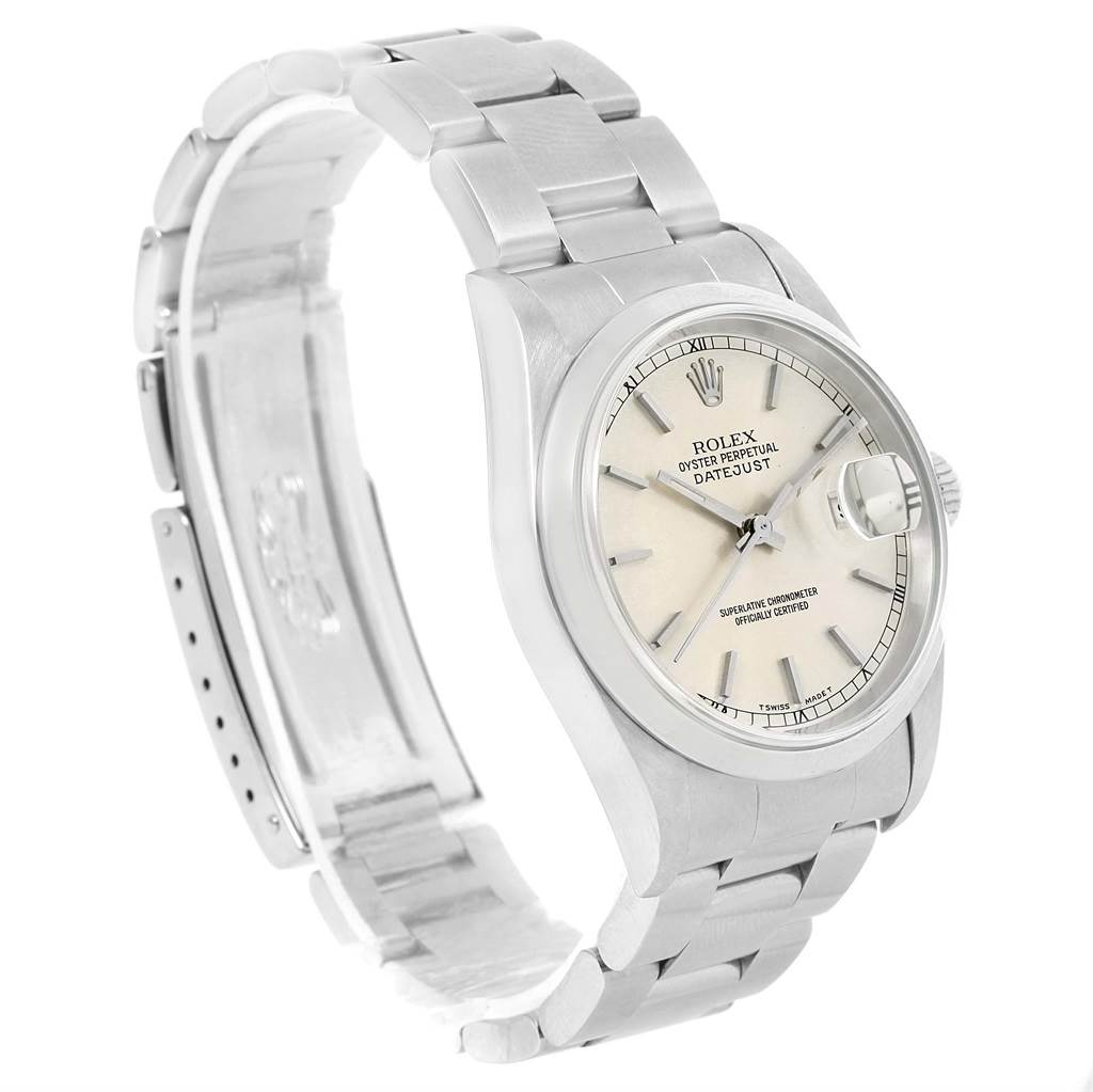 This image shows a side angle of a Rolex Datejust 16200 Men's Stainless Steel Silver Dial 16200 Men's Stainless Steel Silver Dial watch, displaying the dial, bezel, case, and part of the bracelet.