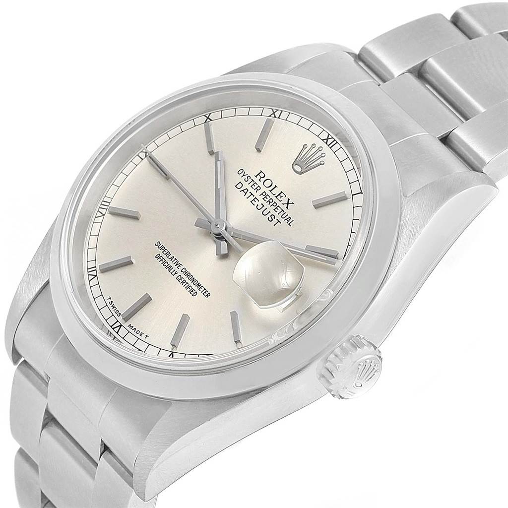A Rolex Datejust 16200 Men's Stainless Steel Silver Dial 16200 Men's Stainless Steel Silver Dial watch is shown at an angled view emphasizing the dial, bezel, and part of the bracelet.