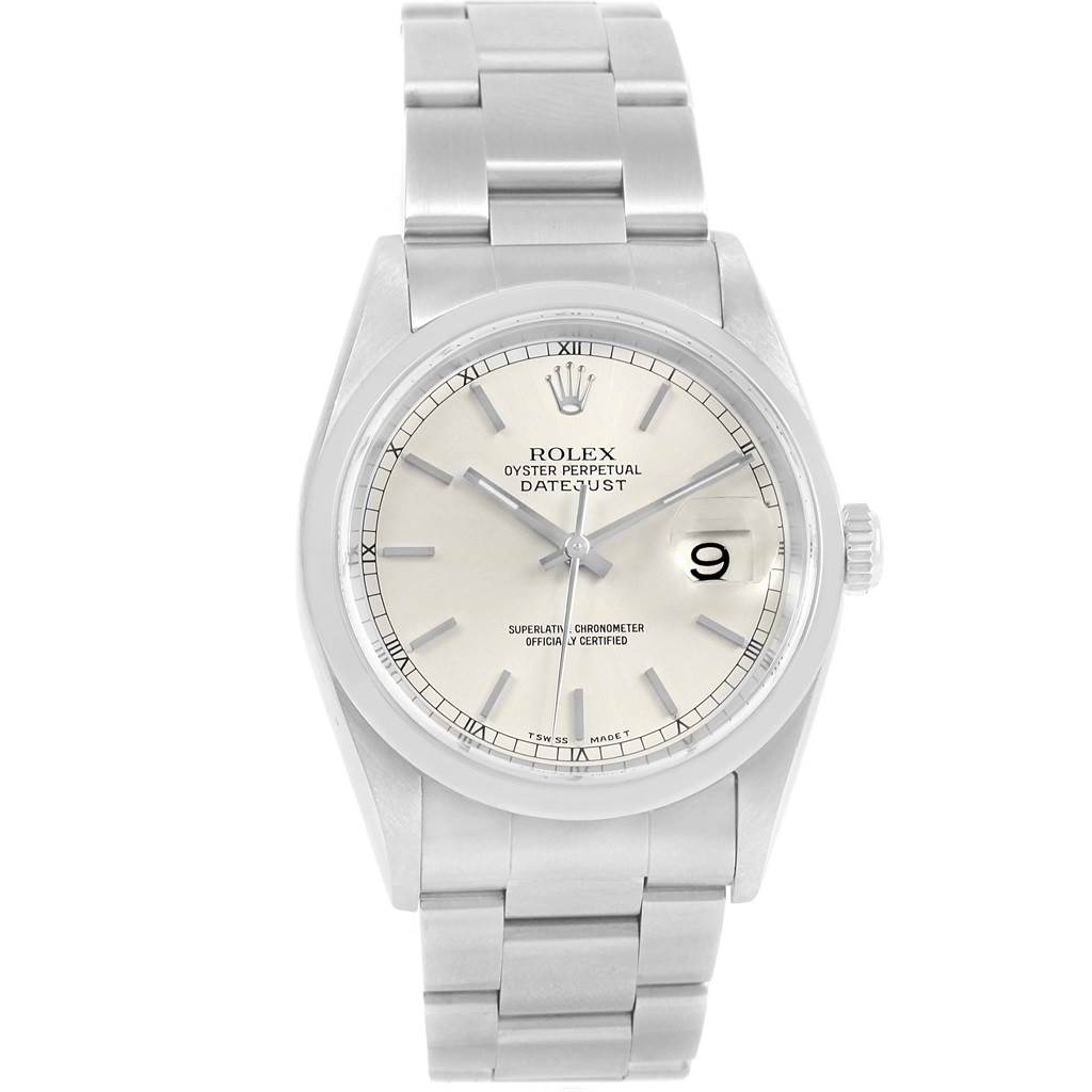 The image shows a frontal view of a Rolex Datejust 16200 Men's Stainless Steel Silver Dial 16200 Men's Stainless Steel Silver Dial watch, displaying the dial, hands, date window, and bracelet.