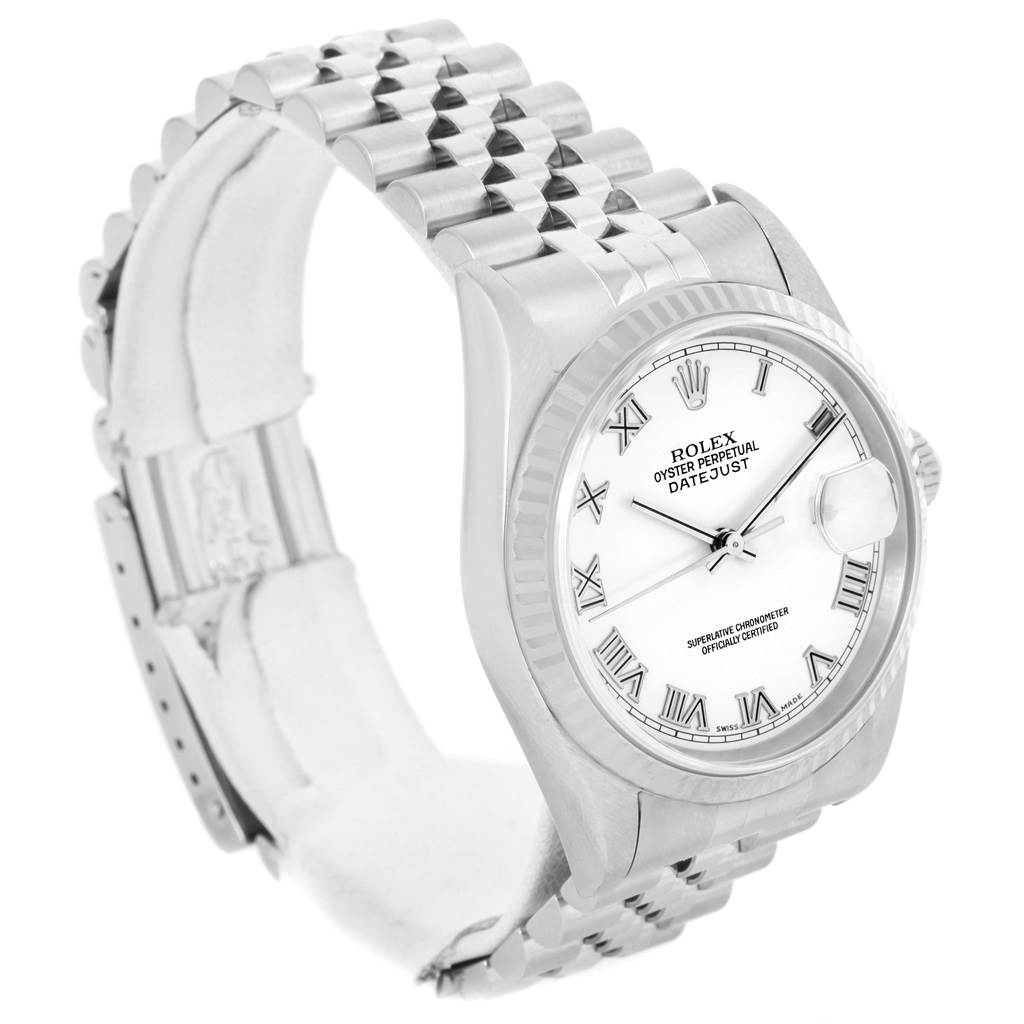 This image shows a Rolex Datejust 16234 Men's Stainless Steel White Dial 16234 Men's Stainless Steel White Dial watch at a three-quarter angle, highlighting the face, crown, and jubilee bracelet.