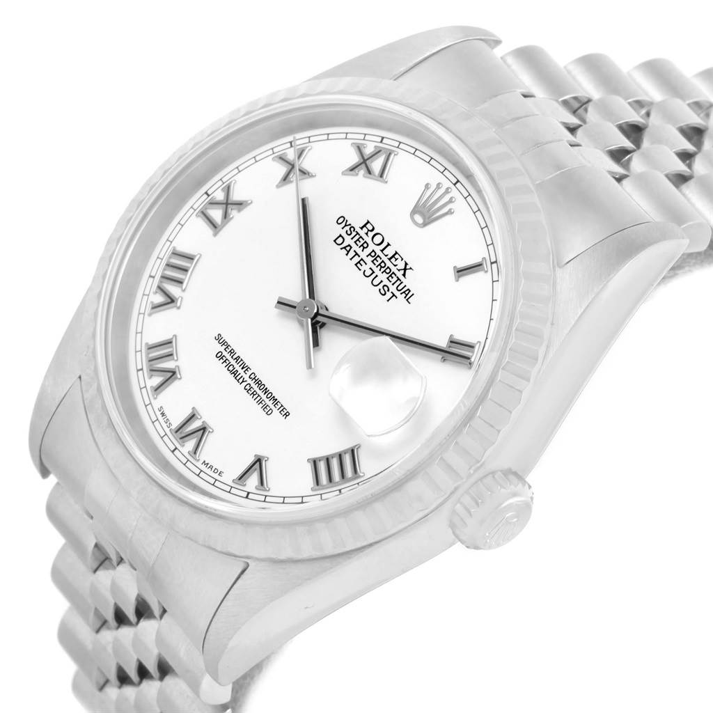 This image shows a close-up view of a Rolex Datejust 16234 Men's Stainless Steel White Dial 16234 Men's Stainless Steel White Dial watch face, bezel, and part of its bracelet at an angled perspective.