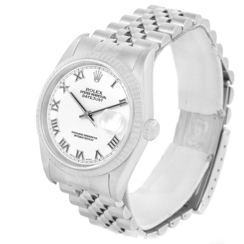 The Rolex Datejust 16234 Men's Stainless Steel White Dial 16234 Men's Stainless Steel White Dial watch is shown at an angled side view, highlighting the dial, bezel, and part of the bracelet.