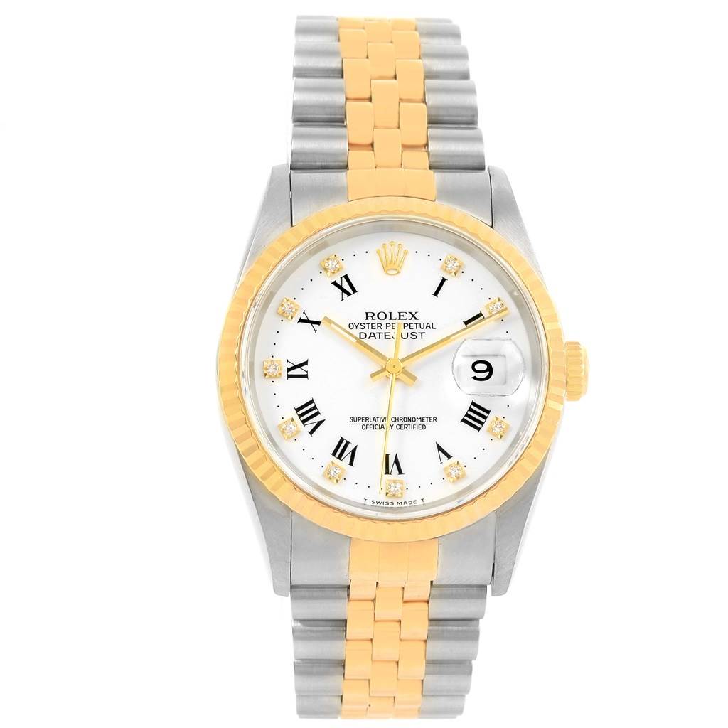 The Rolex Datejust 16233 Steel and Gold (two tone) White Dial 16233 Steel and Gold (two tone) White Dial watch is shown from a top-down angle, showcasing its white dial, fluted bezel, two-tone bracelet, and date window.