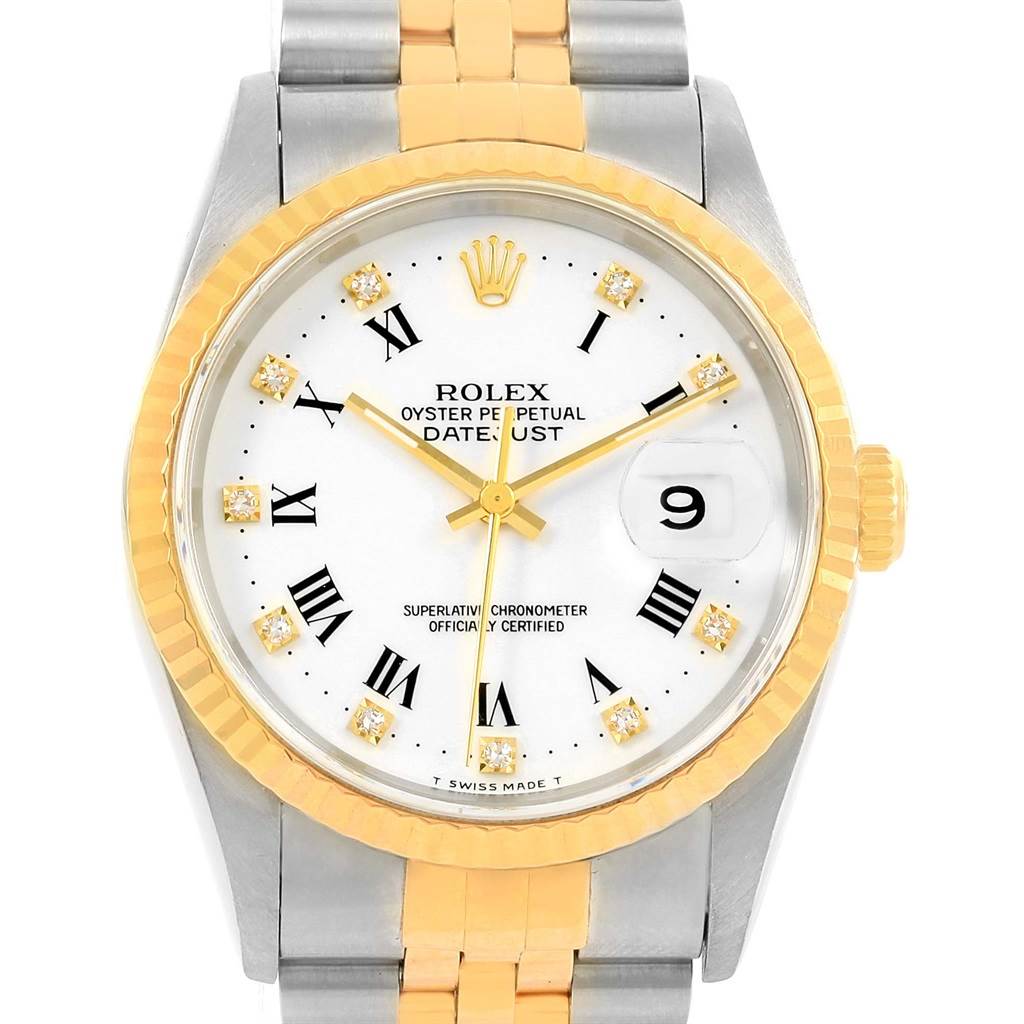 This image shows a Rolex Datejust 16233 Steel and Gold (two tone) White Dial 16233 Steel and Gold (two tone) White Dial watch from a frontal angle, displaying the dial, bezel, and a portion of the bracelet.