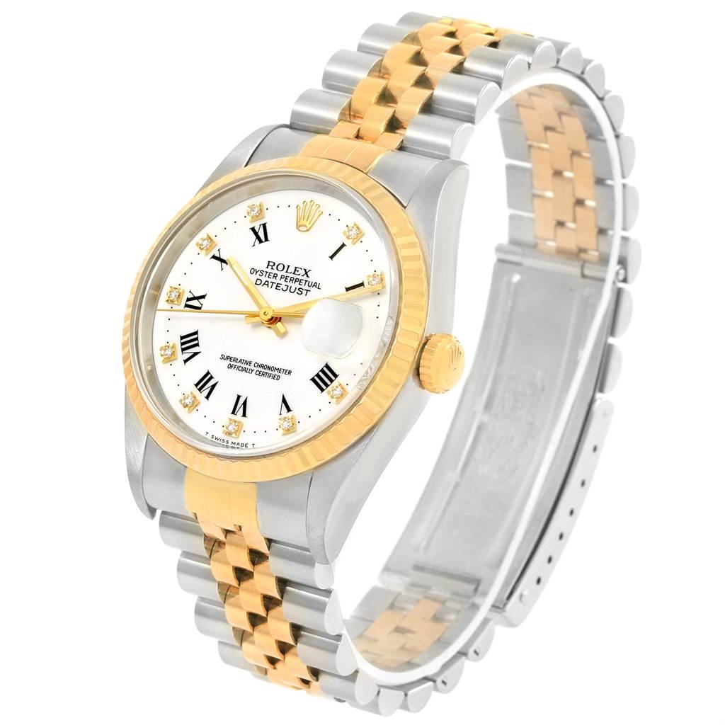 This image shows a Rolex Datejust 16233 Steel and Gold (two tone) White Dial 16233 Steel and Gold (two tone) White Dial watch at a slight angle, highlighting its two-tone bracelet and bezel, with a white dial and Roman numerals.