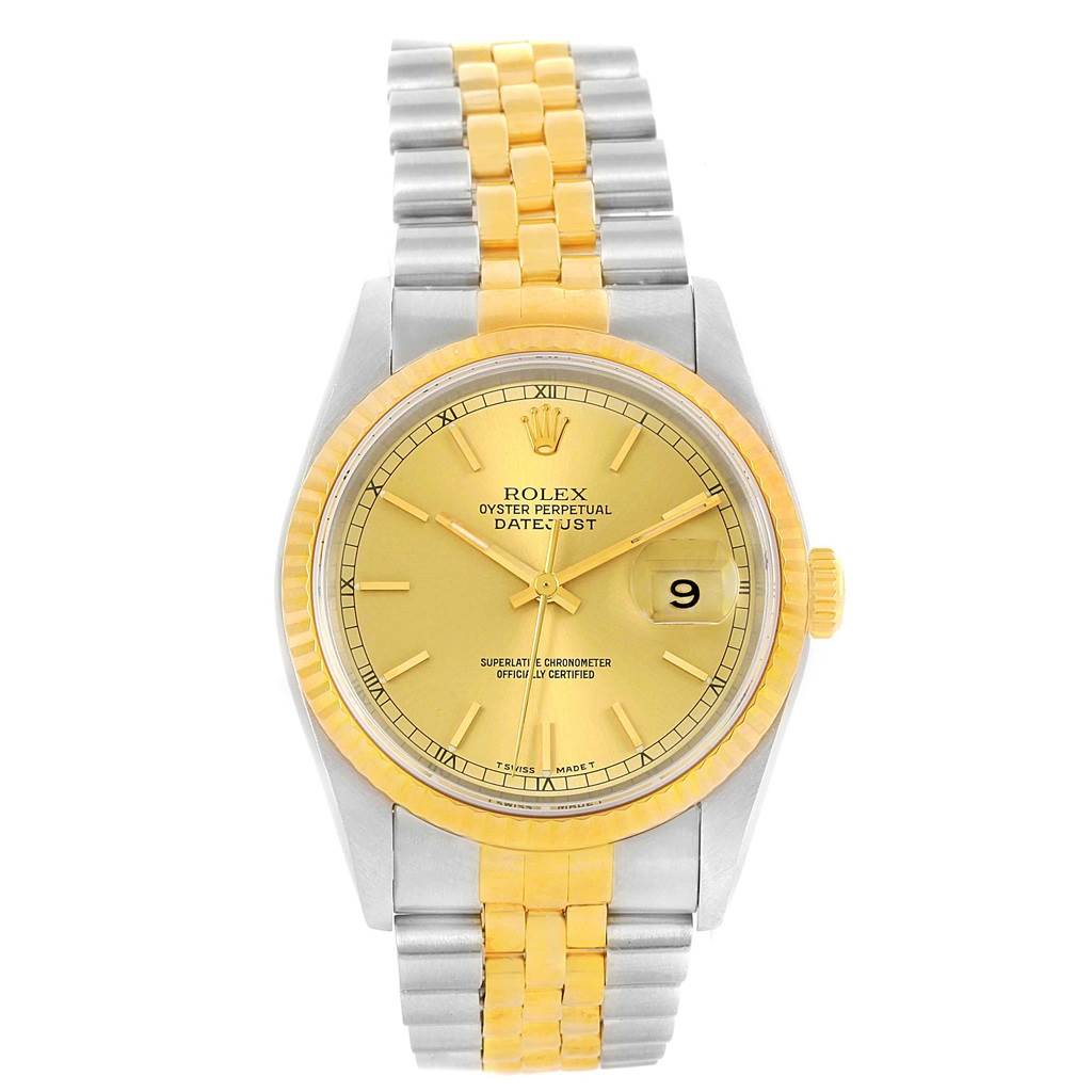 The image shows a frontal view of the Rolex Datejust 16233 Steel and Gold (two tone) Champagne Dial 16233 Steel and Gold (two tone) Champagne Dial watch, featuring its gold dial, date window, and two-tone bracelet.