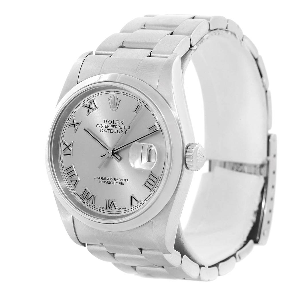 The Rolex Datejust 16200 Men's Stainless Steel Silver Dial 16200 Men's Stainless Steel Silver Dial watch is shown at a slight angle, displaying its silver dial, Roman numerals, and bracelet.