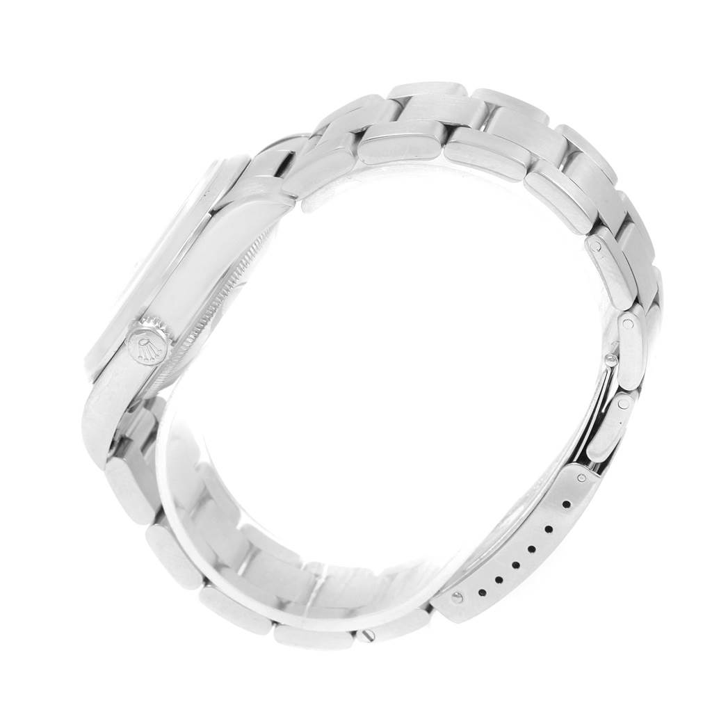 This image shows a side view of a Rolex Datejust 16200 Men's Stainless Steel Silver Dial 16200 Men's Stainless Steel Silver Dial watch, highlighting the bracelet and crown.