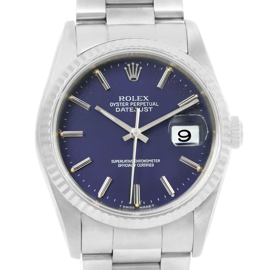 This image shows a frontal view of the Rolex Datejust 16234 Men's Stainless Steel Blue Dial 16234 Men's Stainless Steel Blue Dial watch, highlighting the dial, hands, date window, and part of the bracelet.