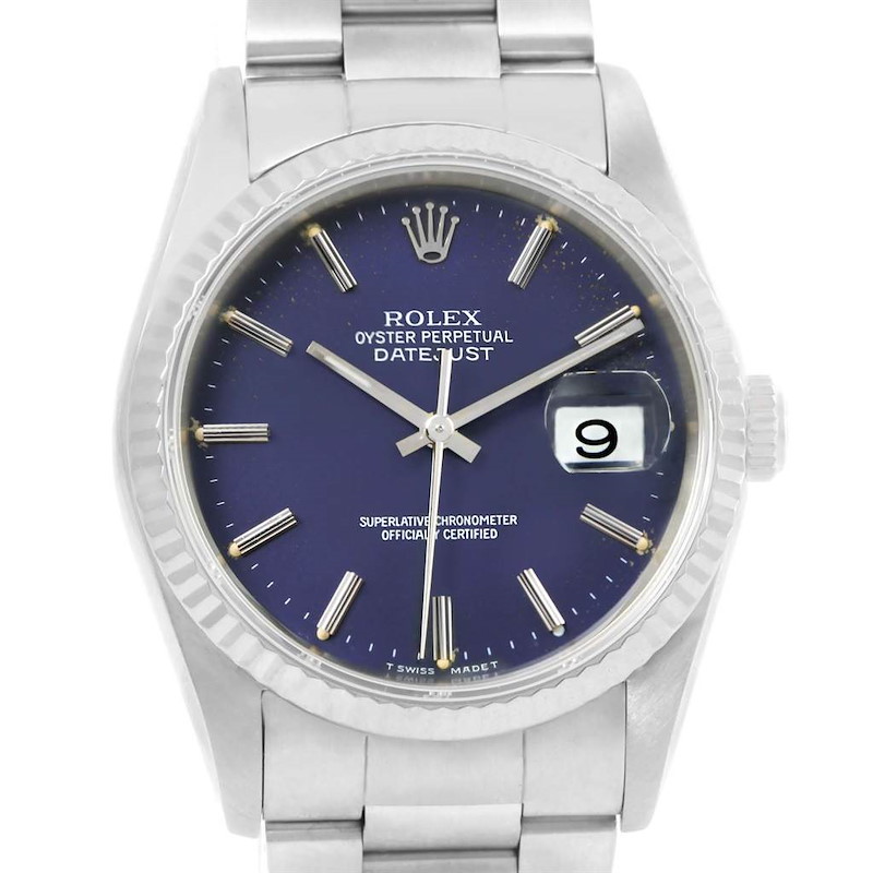 Rolex Datejust Steel White Gold Blue Baton Dial Mens Watch 16234 SwissWatchExpo