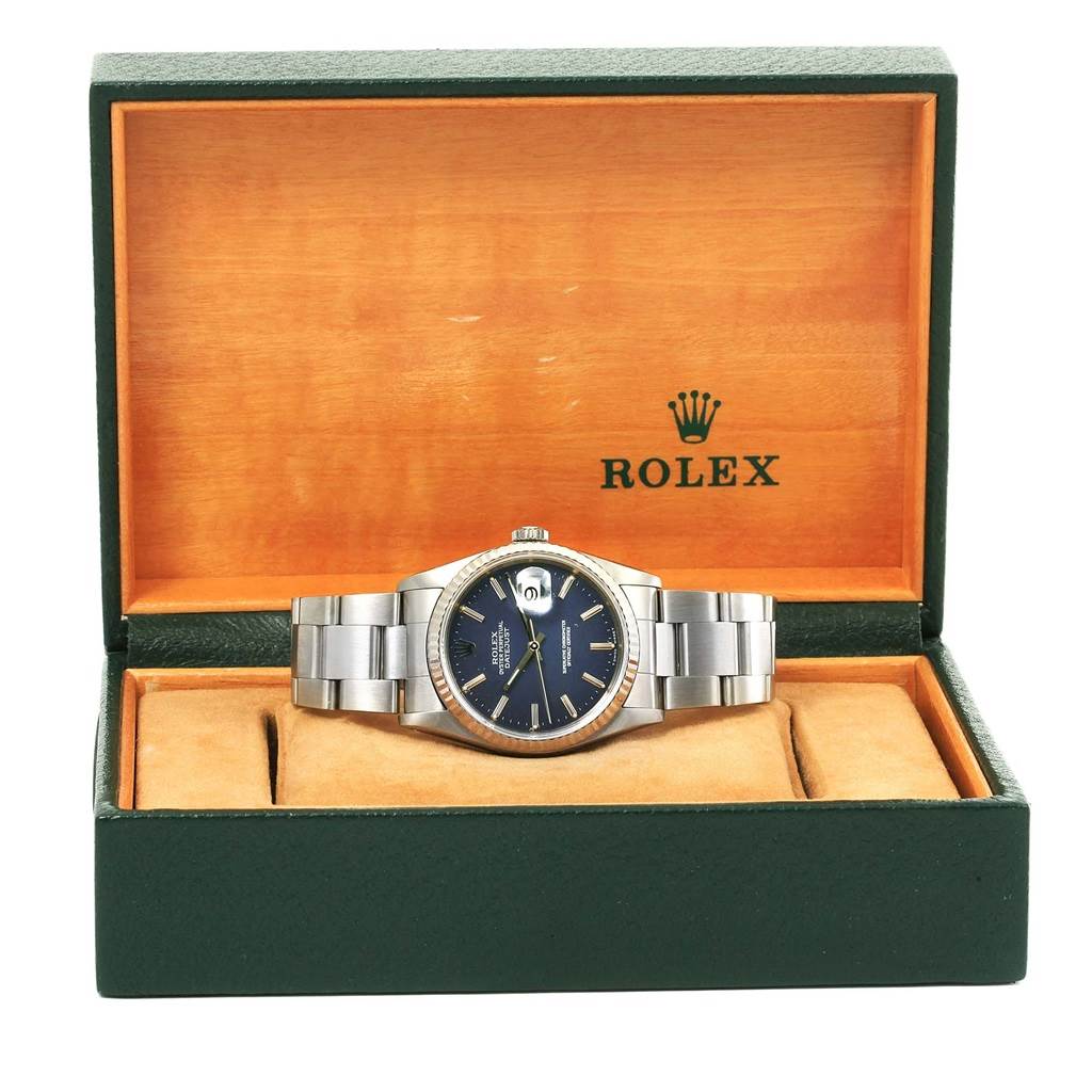The image shows a Rolex Datejust 16234 Men's Stainless Steel Blue Dial 16234 Men's Stainless Steel Blue Dial watch from a front angle, displayed in an open Rolex box.