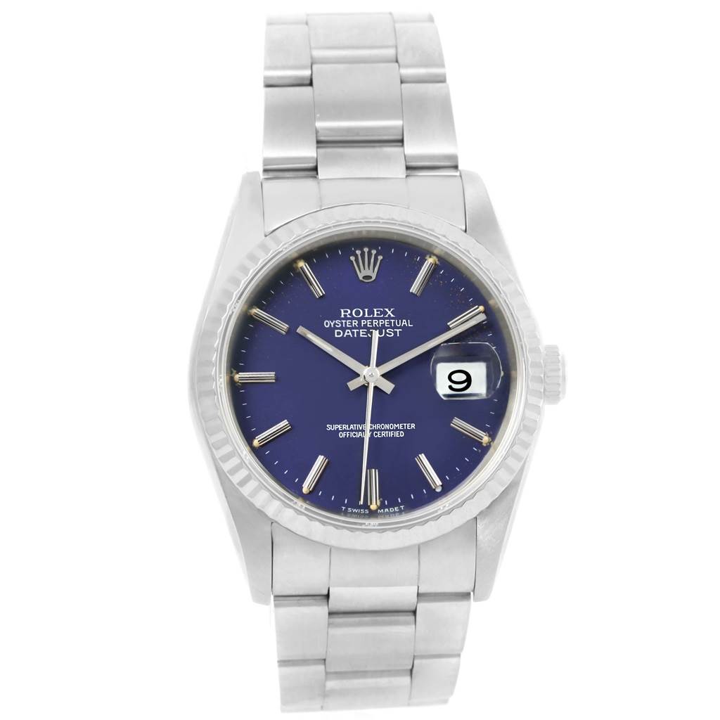 This image shows the front view of a Rolex Datejust 16234 Men's Stainless Steel Blue Dial 16234 Men's Stainless Steel Blue Dial watch, highlighting its bracelet, case, dial, and date window.