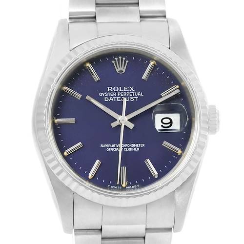 Photo of Rolex Datejust Steel White Gold Blue Baton Dial Mens Watch 16234