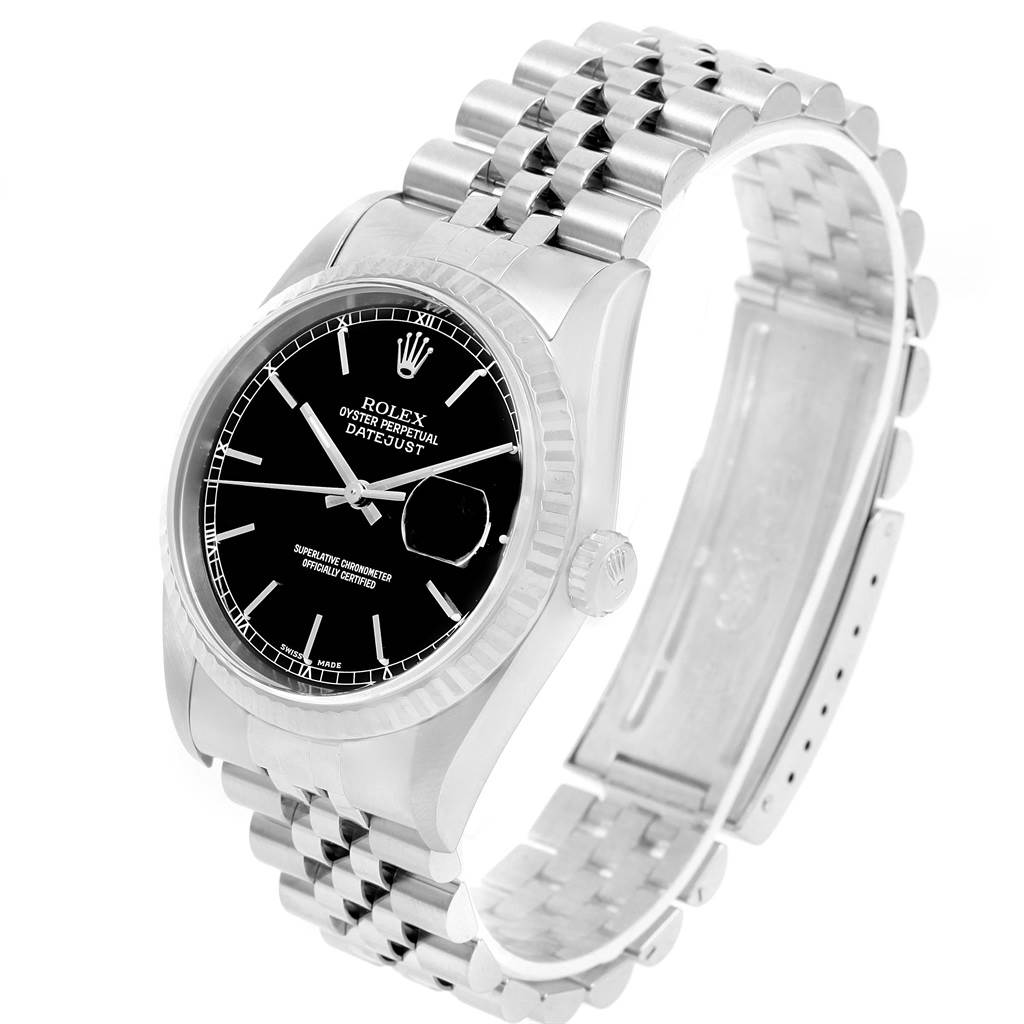 The Rolex Datejust 16234 Men's Stainless Steel Black Dial 16234 Men's Stainless Steel Black Dial is shown from an angled side view, displaying the face, bezel, crown, and Jubilee bracelet.