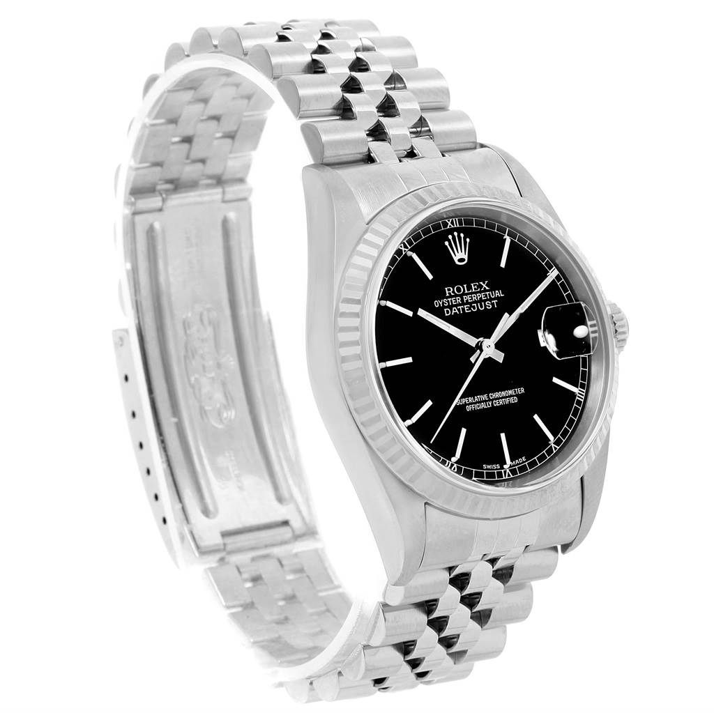 The image shows a Rolex Datejust 16234 Men's Stainless Steel Black Dial 16234 Men's Stainless Steel Black Dial watch angled to display the face, bezel, and partially open bracelet.