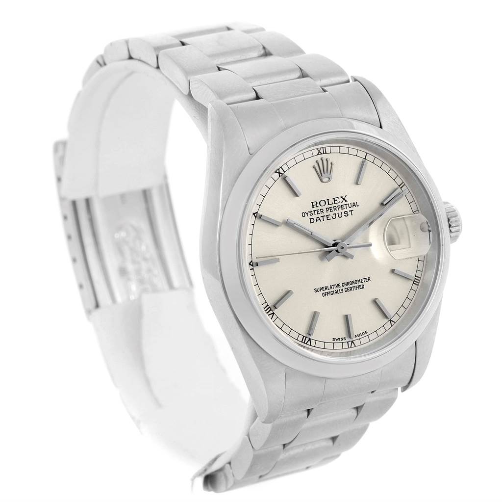 The image shows a Rolex Datejust 16200 Men's Stainless Steel Silver Dial 16200 Men's Stainless Steel Silver Dial from a front-side angle highlighting the dial, bezel, bracelet, and crown.