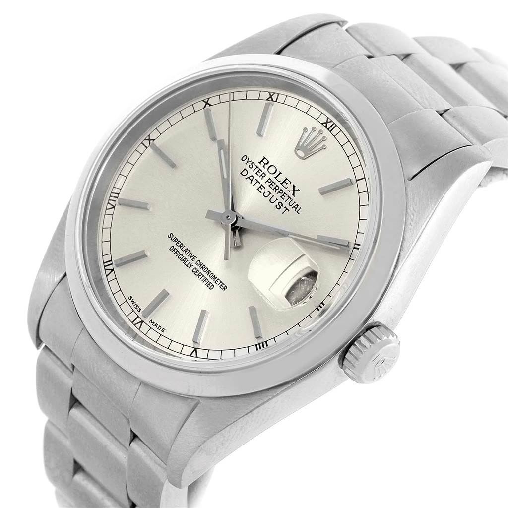 The image shows a close-up of the Rolex Datejust 16200 Men's Stainless Steel Silver Dial 16200 Men's Stainless Steel Silver Dial watch, highlighting the face and part of the strap from an angled view.