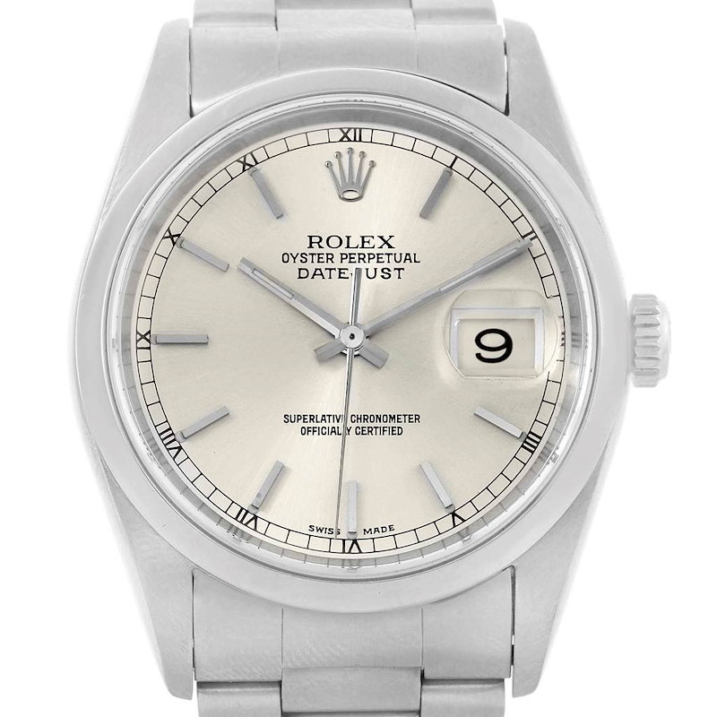 This is a head-on view of a Rolex Datejust watch showing the face, dial, crown, and part of the bracelet.