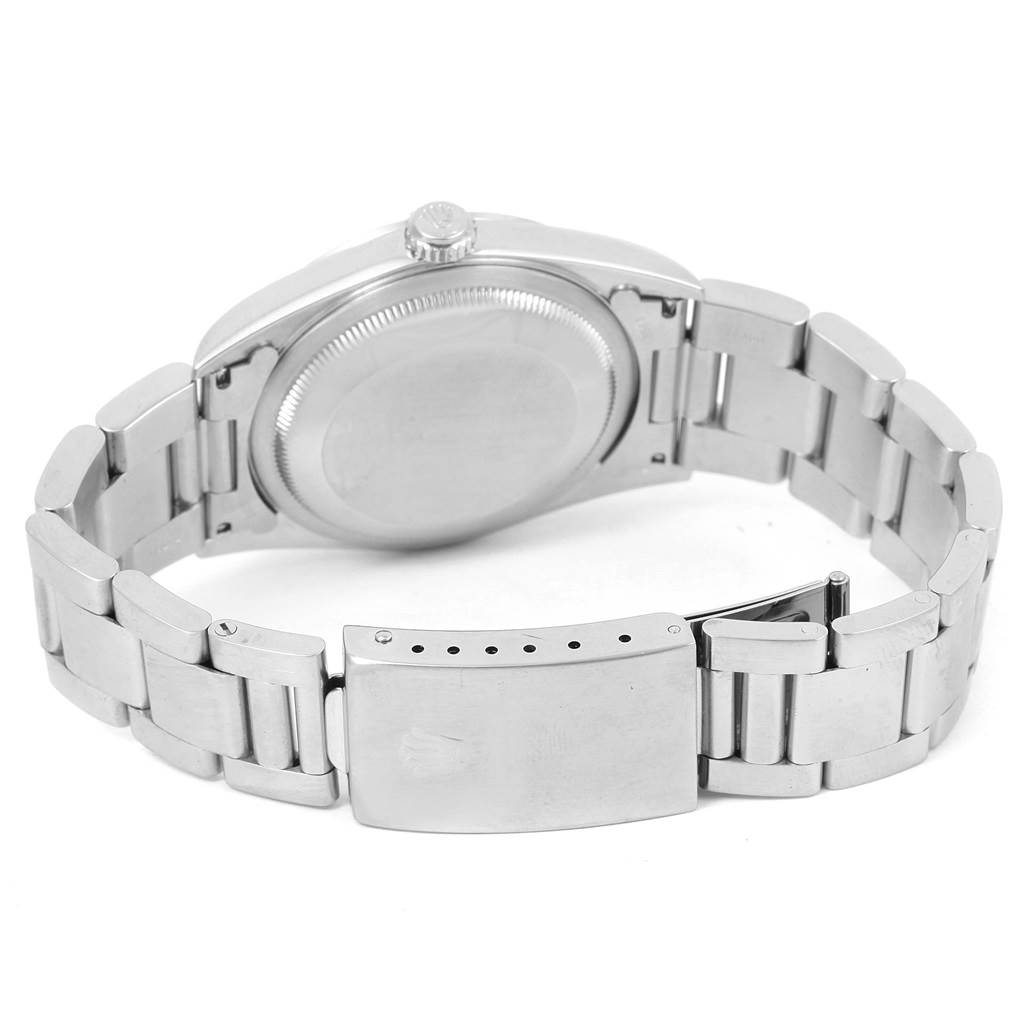 This image shows the back view of a Rolex Datejust 16200 Men's Stainless Steel Silver Dial 16200 Men's Stainless Steel Silver Dial watch, highlighting the case back and bracelet clasp.