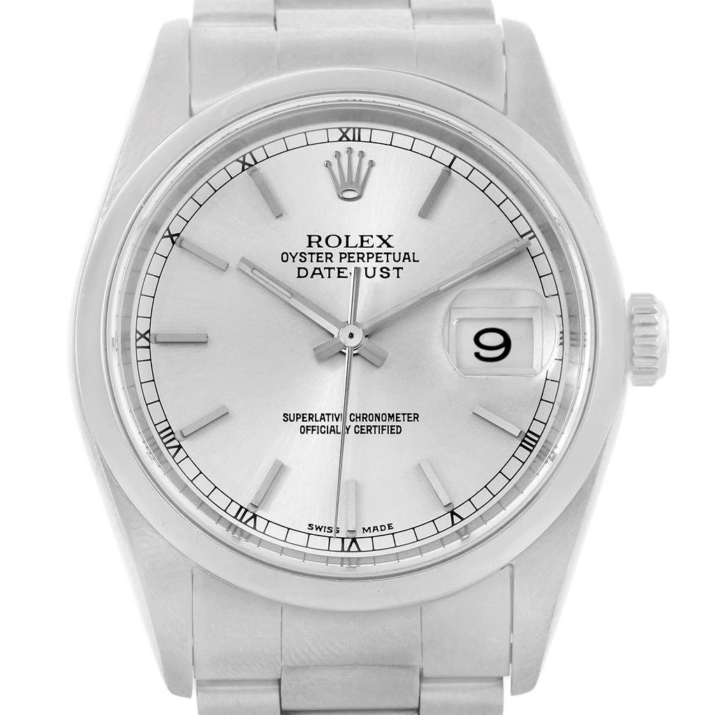 The image shows a front view of the Rolex Datejust 16200 Men's Stainless Steel Silver Dial 16200 Men's Stainless Steel Silver Dial watch, displaying its dial, hands, crown, and part of the bracelet.