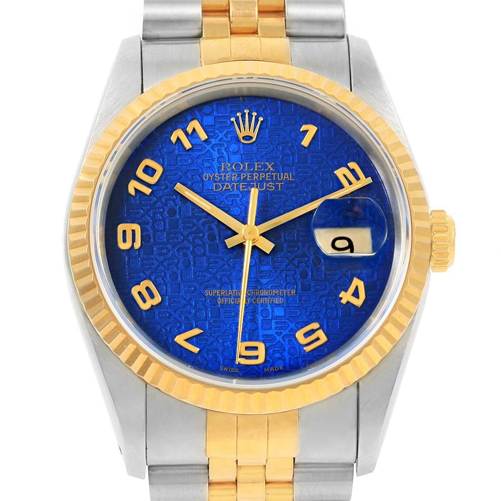 The Rolex Datejust 16233 Men's Steel and Gold (two tone) Blue Dial 16233 Men's Steel and Gold (two tone) Blue Dial watch is shown from a front angle, highlighting its blue dial, gold accents, and two-tone bracelet.