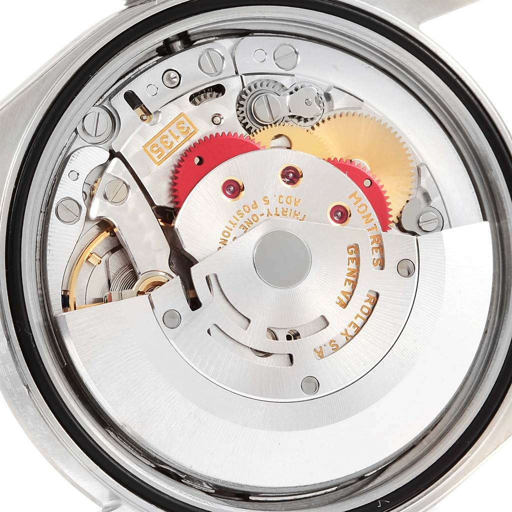 This image shows the intricate internal movement parts of a Rolex Datejust 16234 Men's Stainless Steel Blue Dial 16234 Men's Stainless Steel Blue Dial watch from a back view.