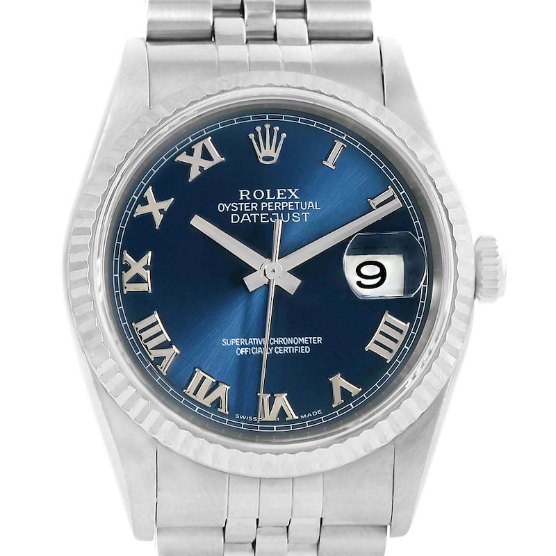 Rolex Datejust Steel White Gold Blue Roman Dial Mens Watch 16234 SwissWatchExpo