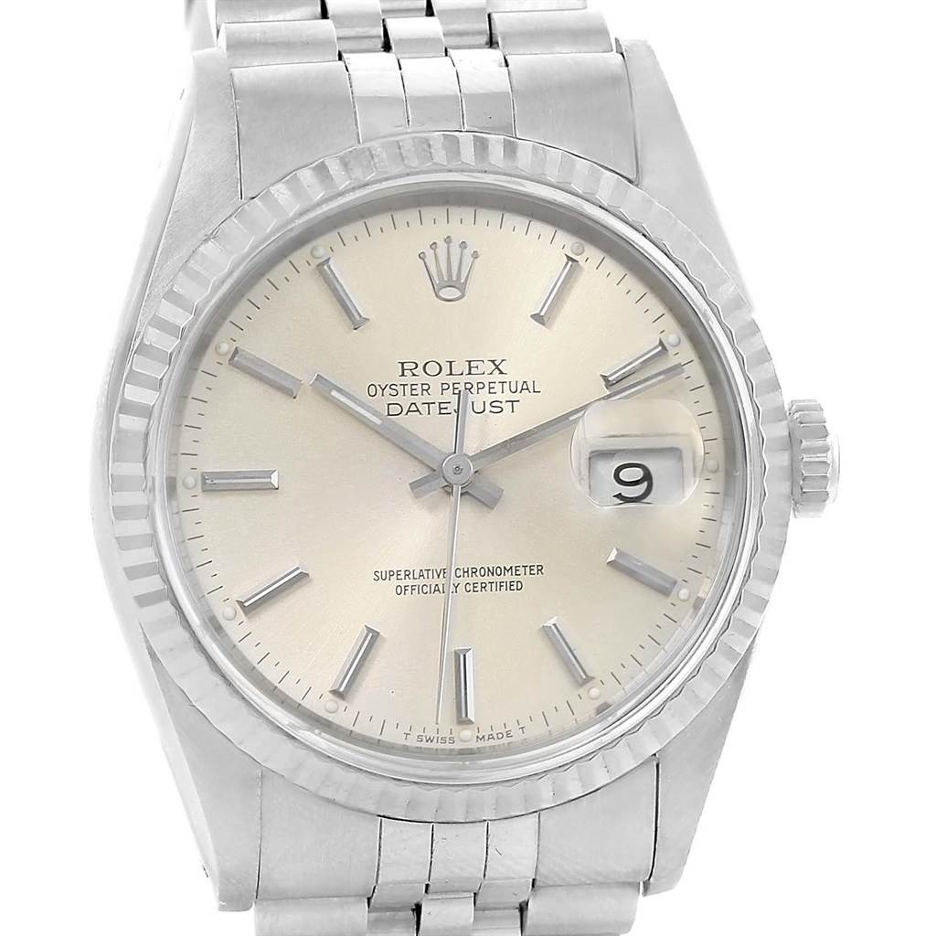 This image shows a front view of a Rolex Datejust 16234 Men's Stainless Steel Silver Dial 16234 Men's Stainless Steel Silver Dial watch with a silver dial and metal bracelet.
